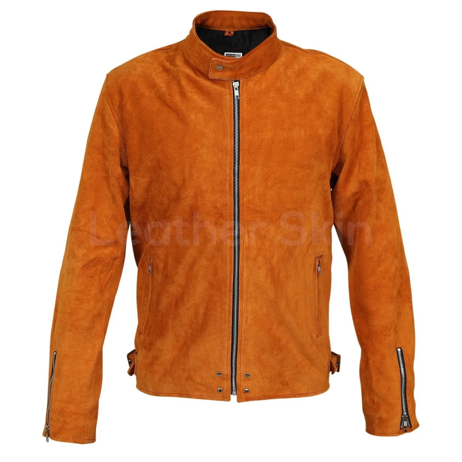 Men Tan Suede Leather Jacket with silver zippers