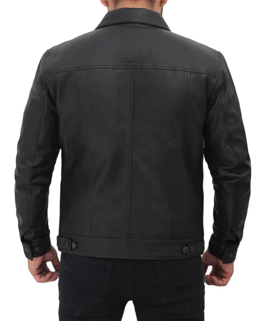 Mens Black Leather Trucker Jacket