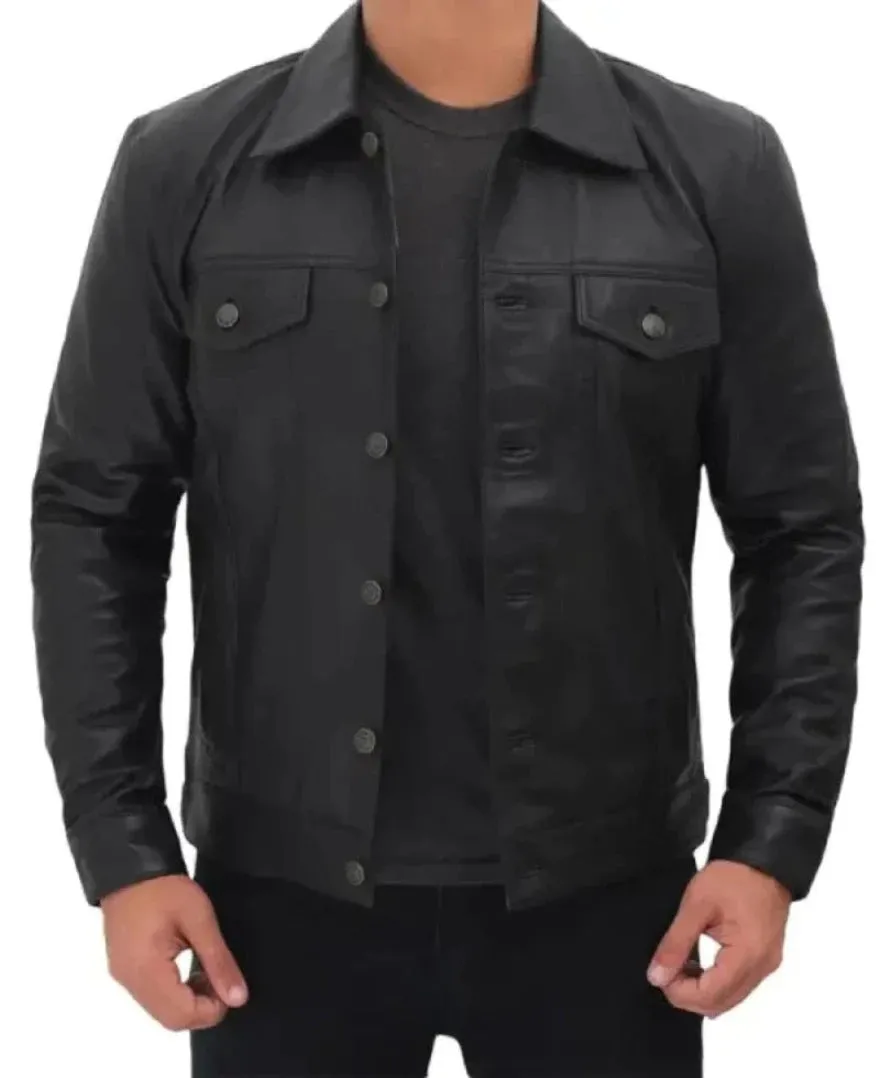 Mens Black Leather Trucker Jacket