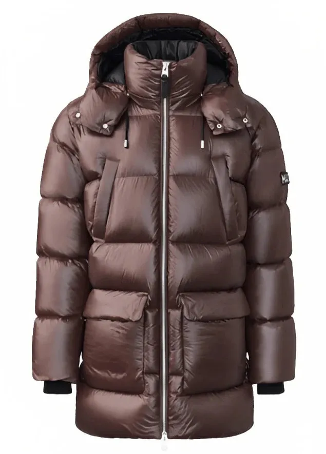 Men's Chocolate Brown Trench Puffer Coat with Removable Hood