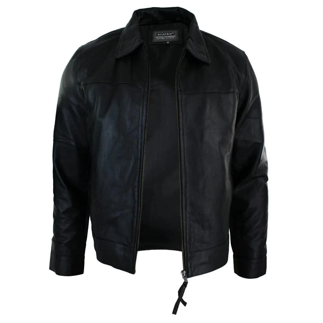 Mens Classic Zipped Real Leather Jacket Retro Black