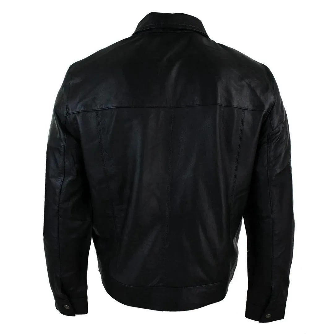 Mens Classic Zipped Real Leather Jacket Retro Black