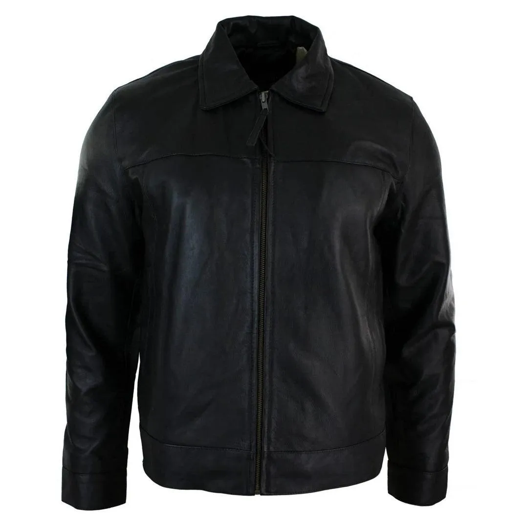 Mens Classic Zipped Real Leather Jacket Retro Black