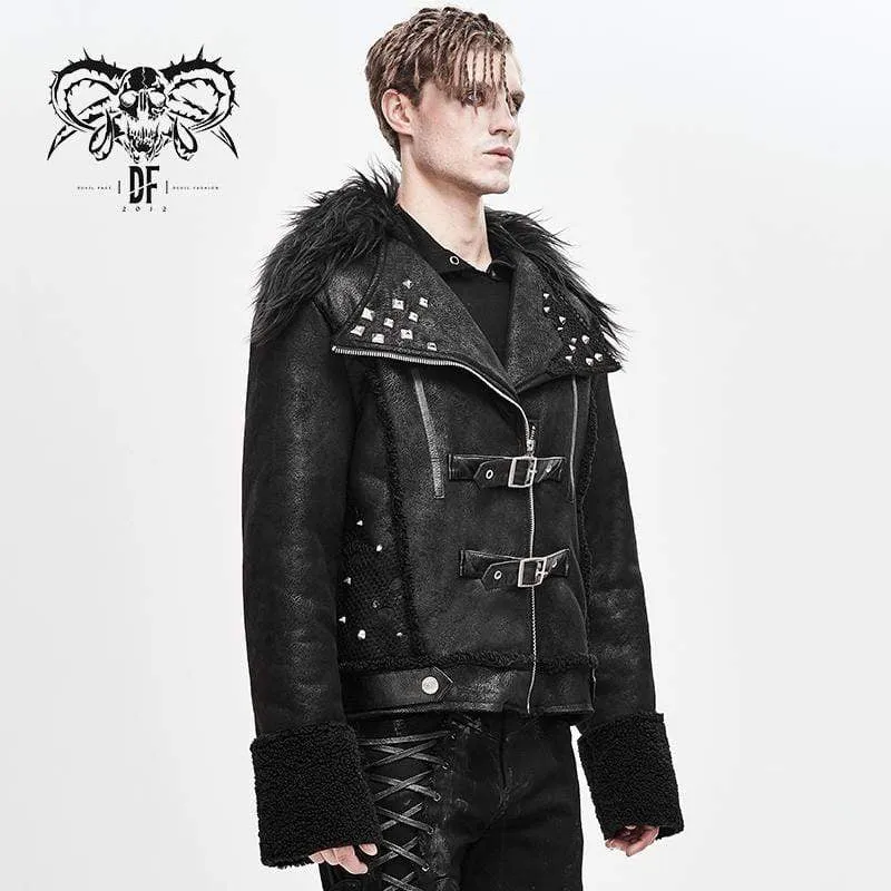 Men's Fur Turn-down Collar Belts Rivets Winter Jackets