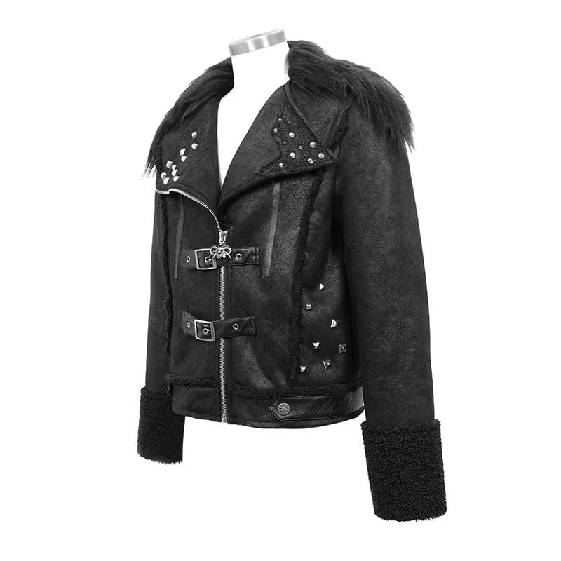 Men's Fur Turn-down Collar Belts Rivets Winter Jackets