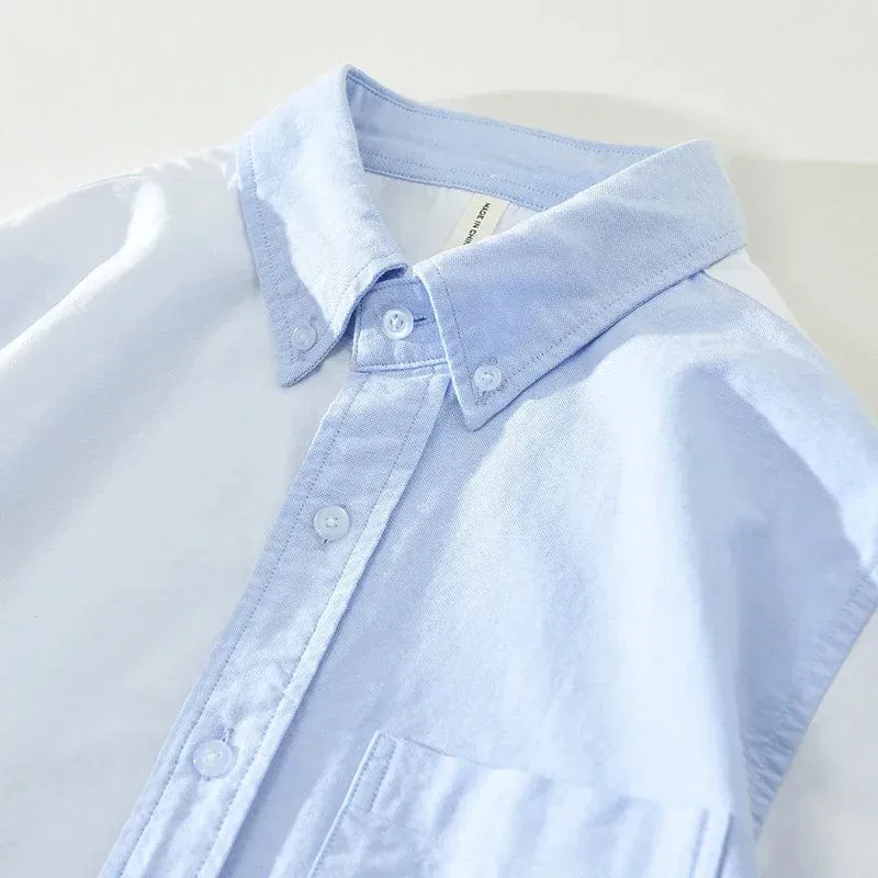 Men's Long Sleeve Patchwork Cotton Shirt | Turn-Down Collar Blue Fashion Shirt