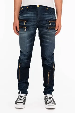 MENS NEW BIKER SKINNY JEANS IN LIBERTY DARK BLUE WITH GOLD WINGS