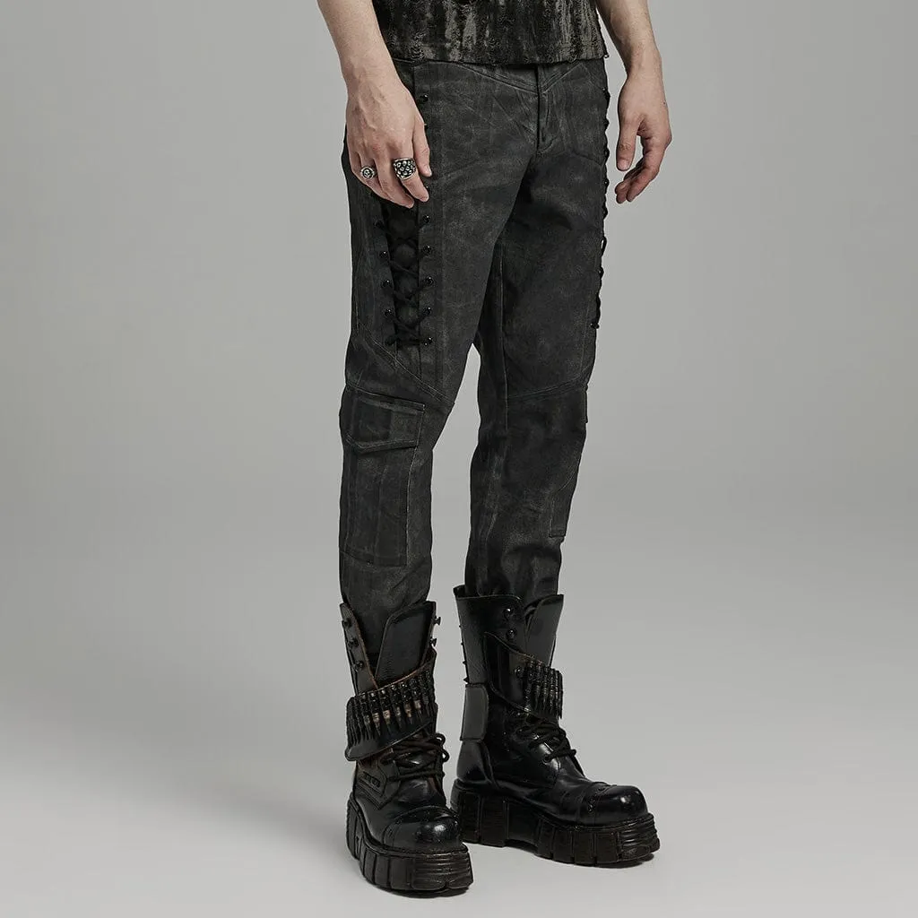 Men's Punk Gothic Big-pocket Strappy Black Grey Pants