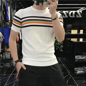 Men's Stretch Knit Patchwork Striped T-Shirt – Casual Short Sleeve O-Neck Streetwear Top