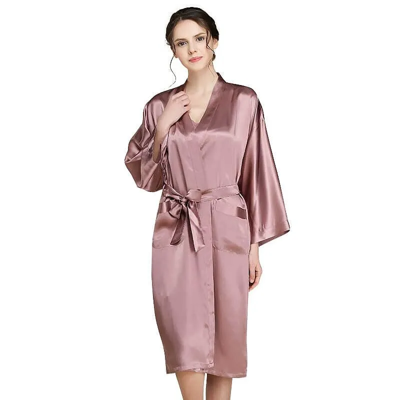 Mid Length V Neck Long Sleeves Silk Robe for Women