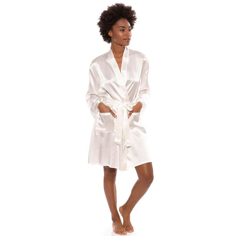 Mid Length V Neck Long Sleeves Silk Robe for Women