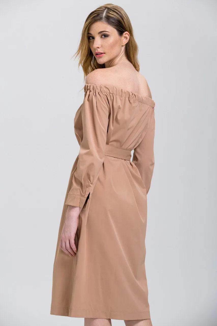 Mocha Sleeved Off the Shoulder Button Down Midi Dress