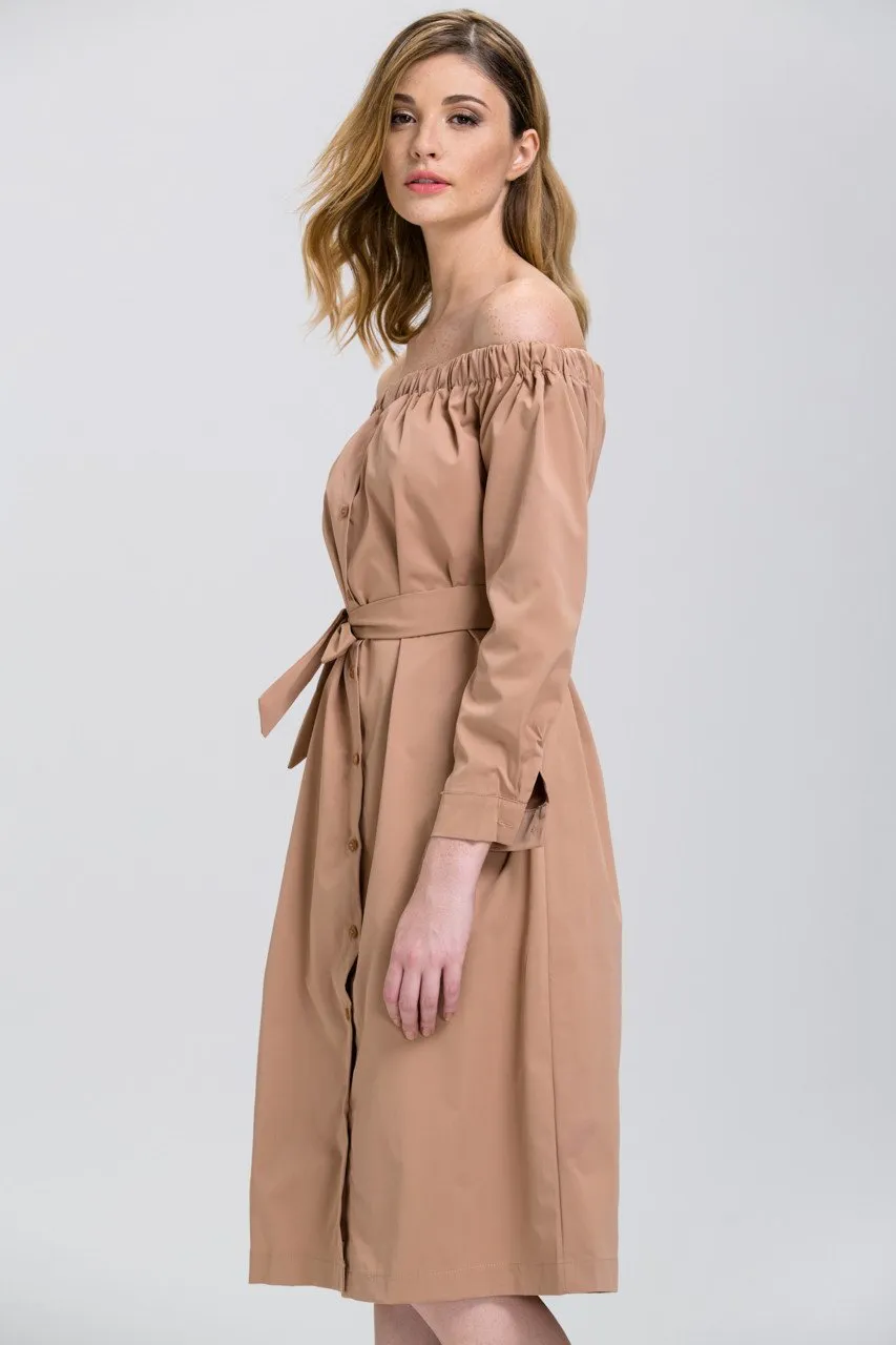 Mocha Sleeved Off the Shoulder Button Down Midi Dress