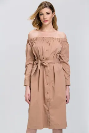 Mocha Sleeved Off the Shoulder Button Down Midi Dress