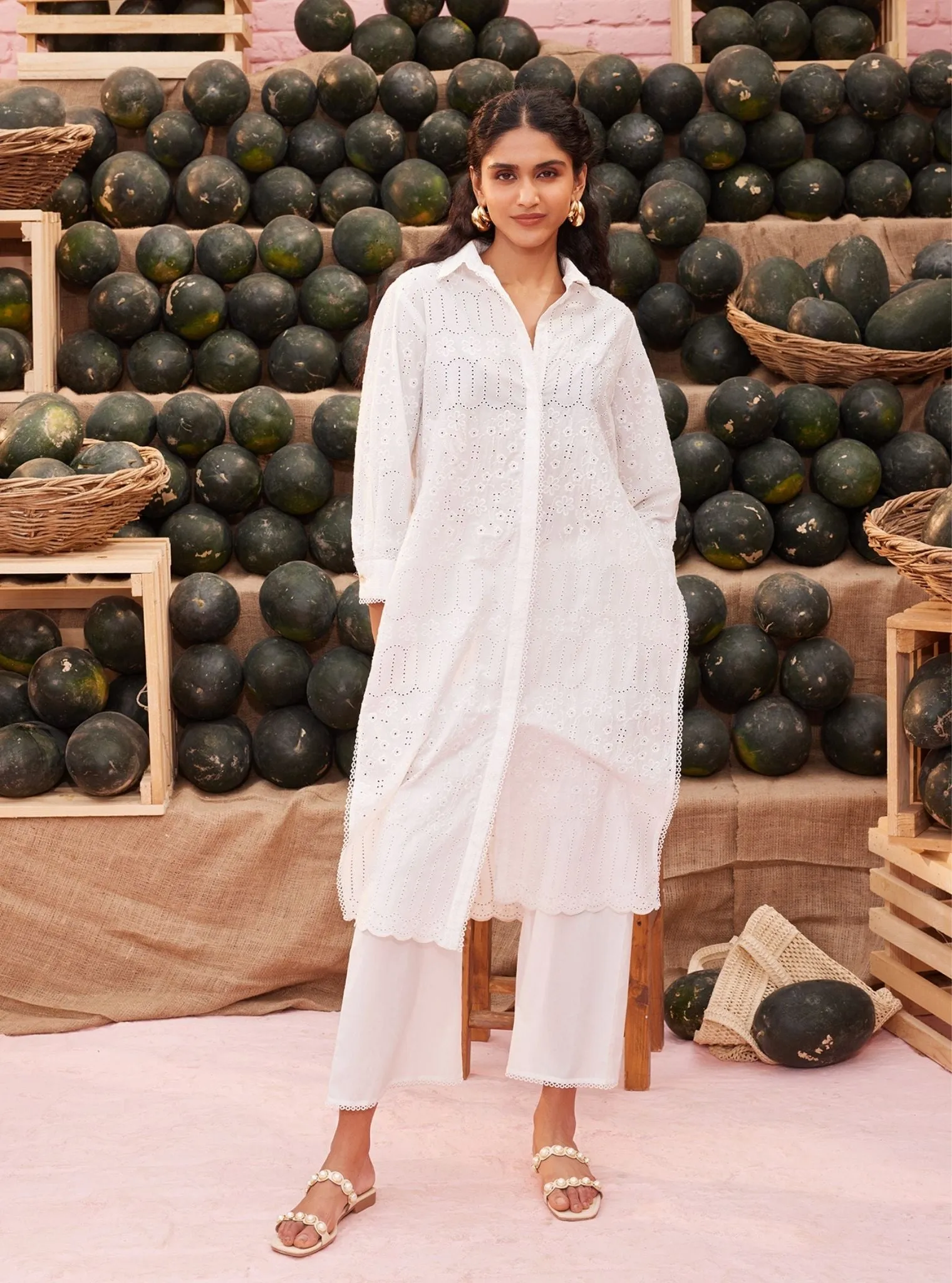 Mulmul Cotton Heli White Long Kurta With Mulmul Cotton Heli White Pant