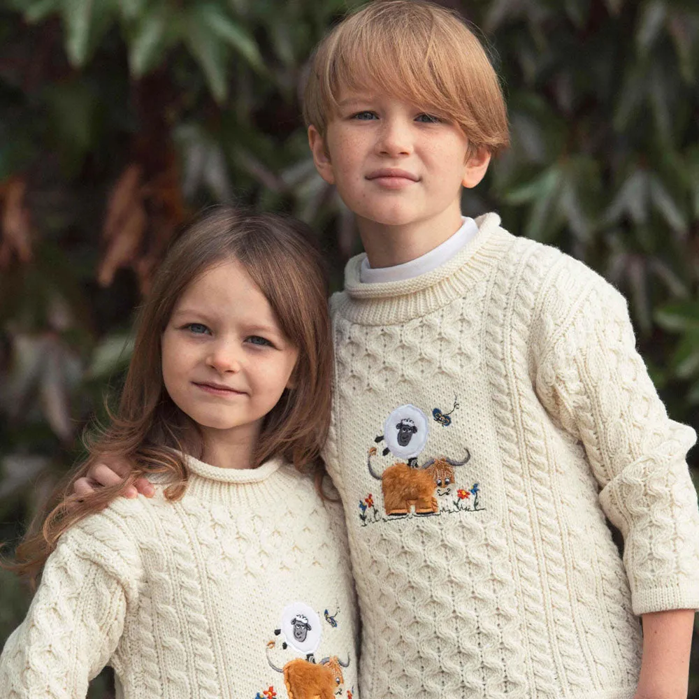 Natural Kids Unisex Crew Neck Embroidered Aran Sweater