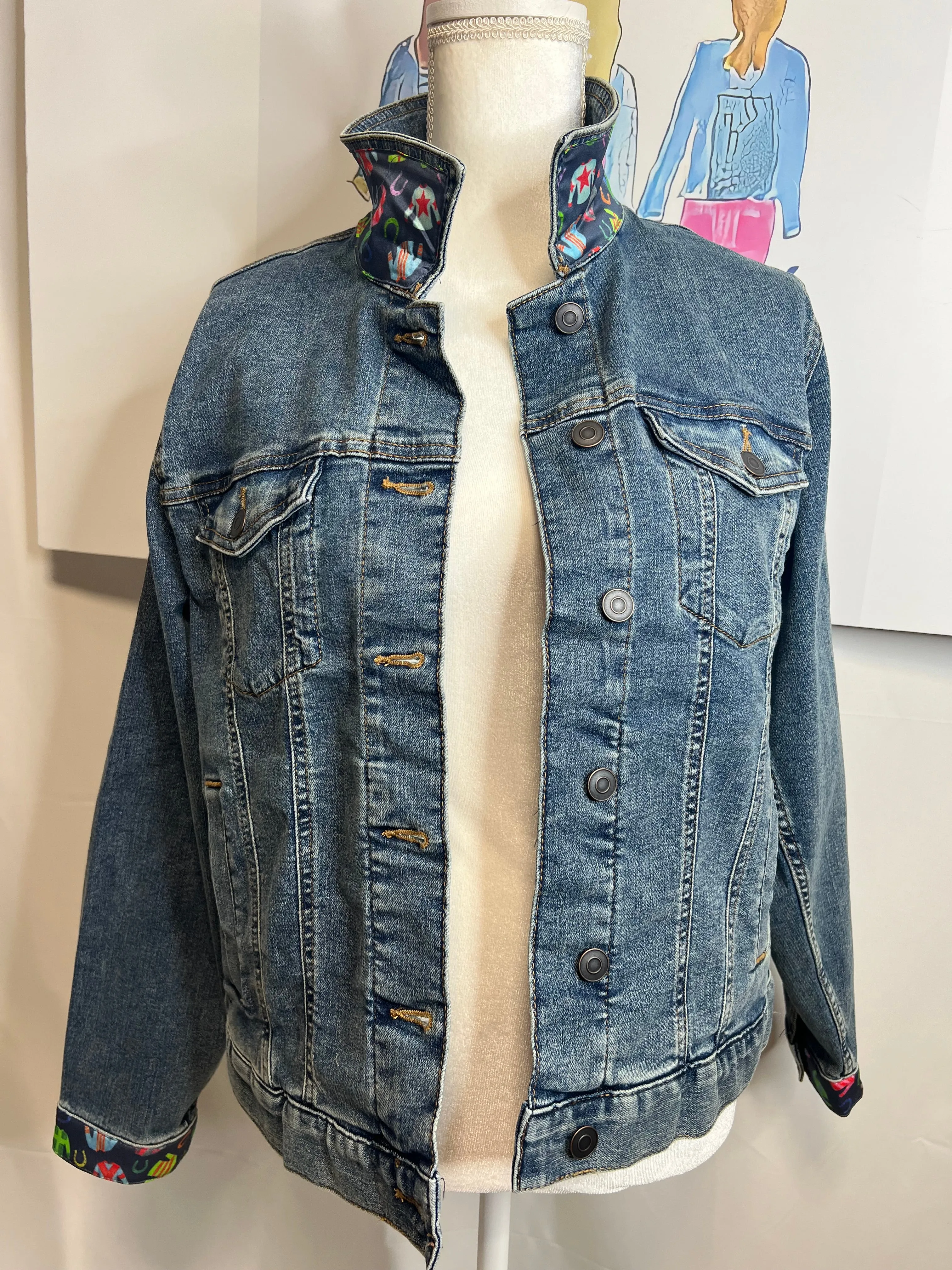 Navy Jockey Silks on Denim Jacket