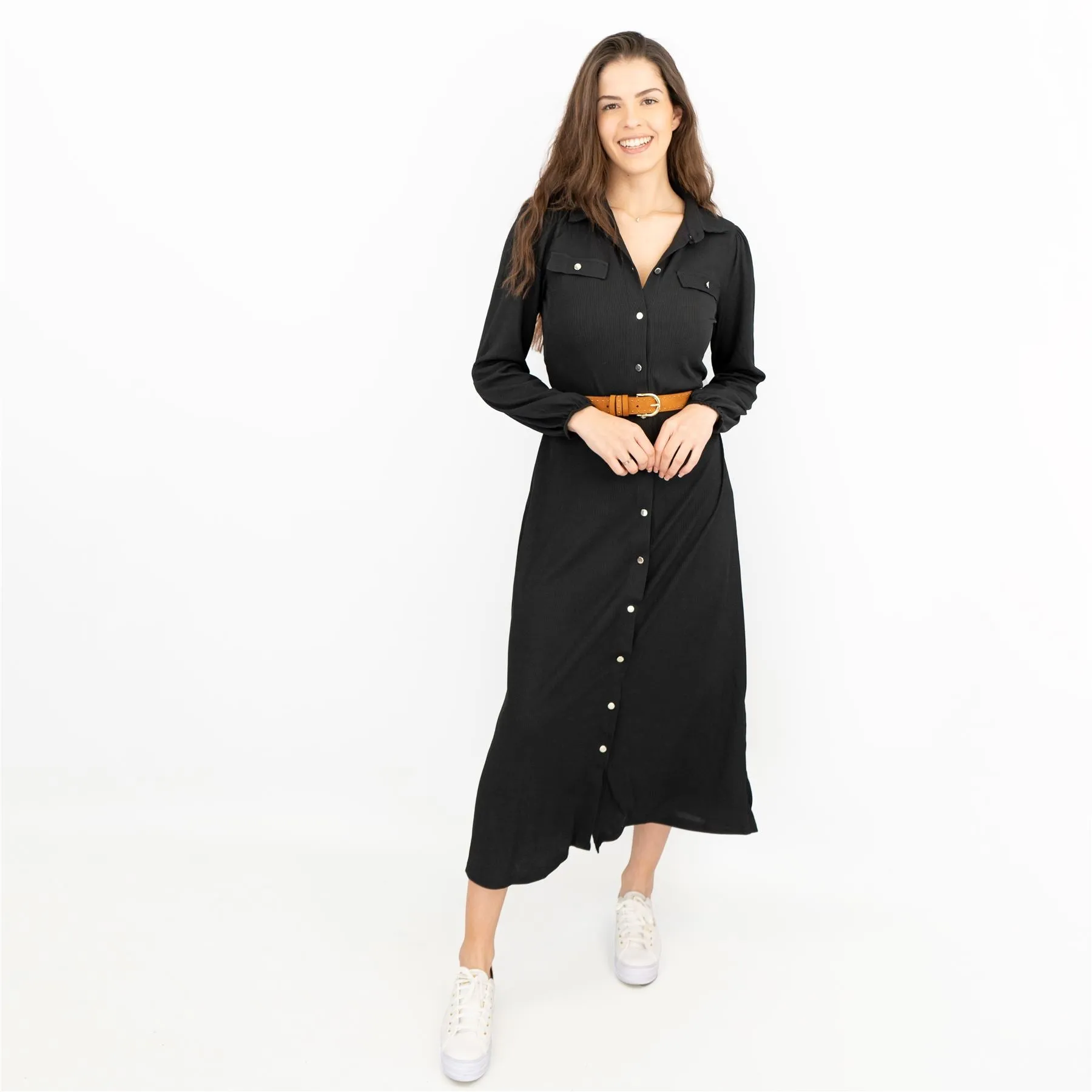 Oasis Ribbed Lightweight Long Sleeve Midi Length Black Shirt Dress