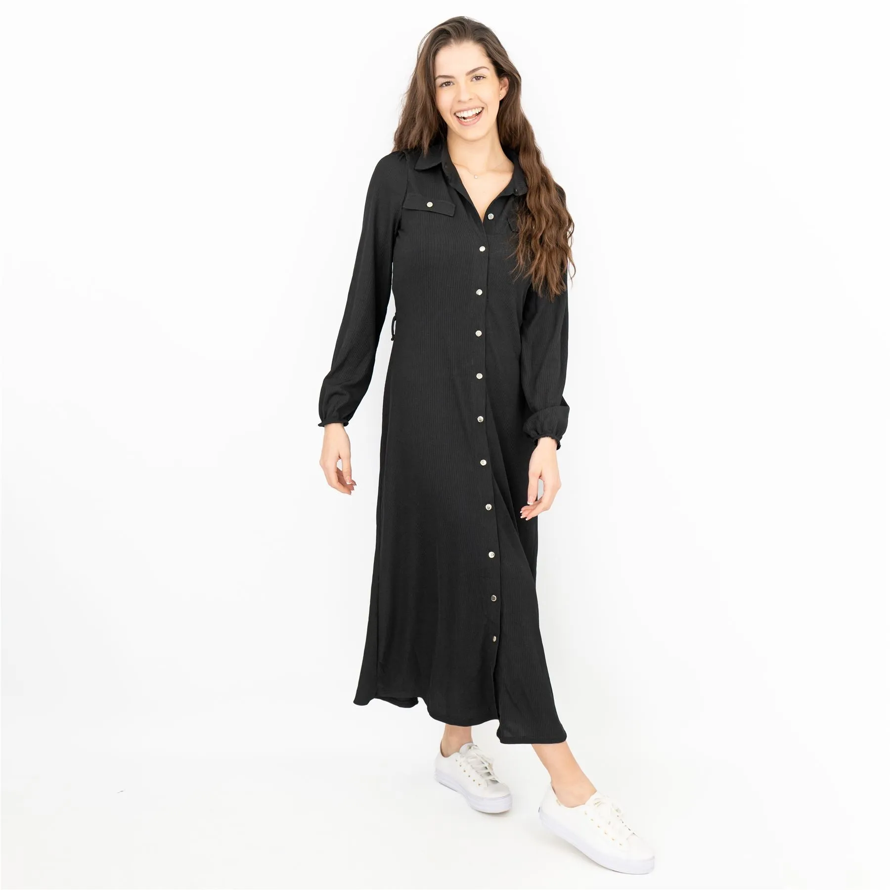 Oasis Ribbed Lightweight Long Sleeve Midi Length Black Shirt Dress