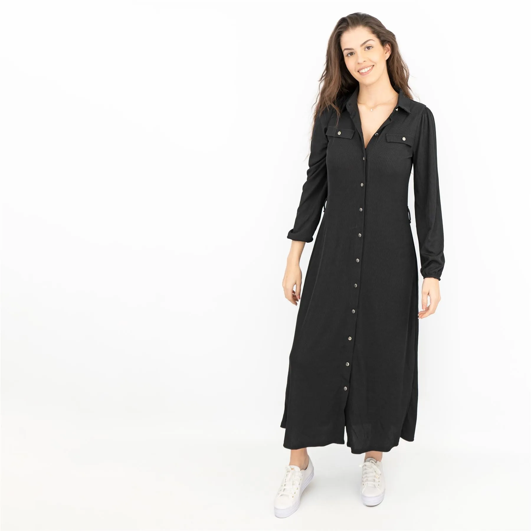 Oasis Ribbed Lightweight Long Sleeve Midi Length Black Shirt Dress