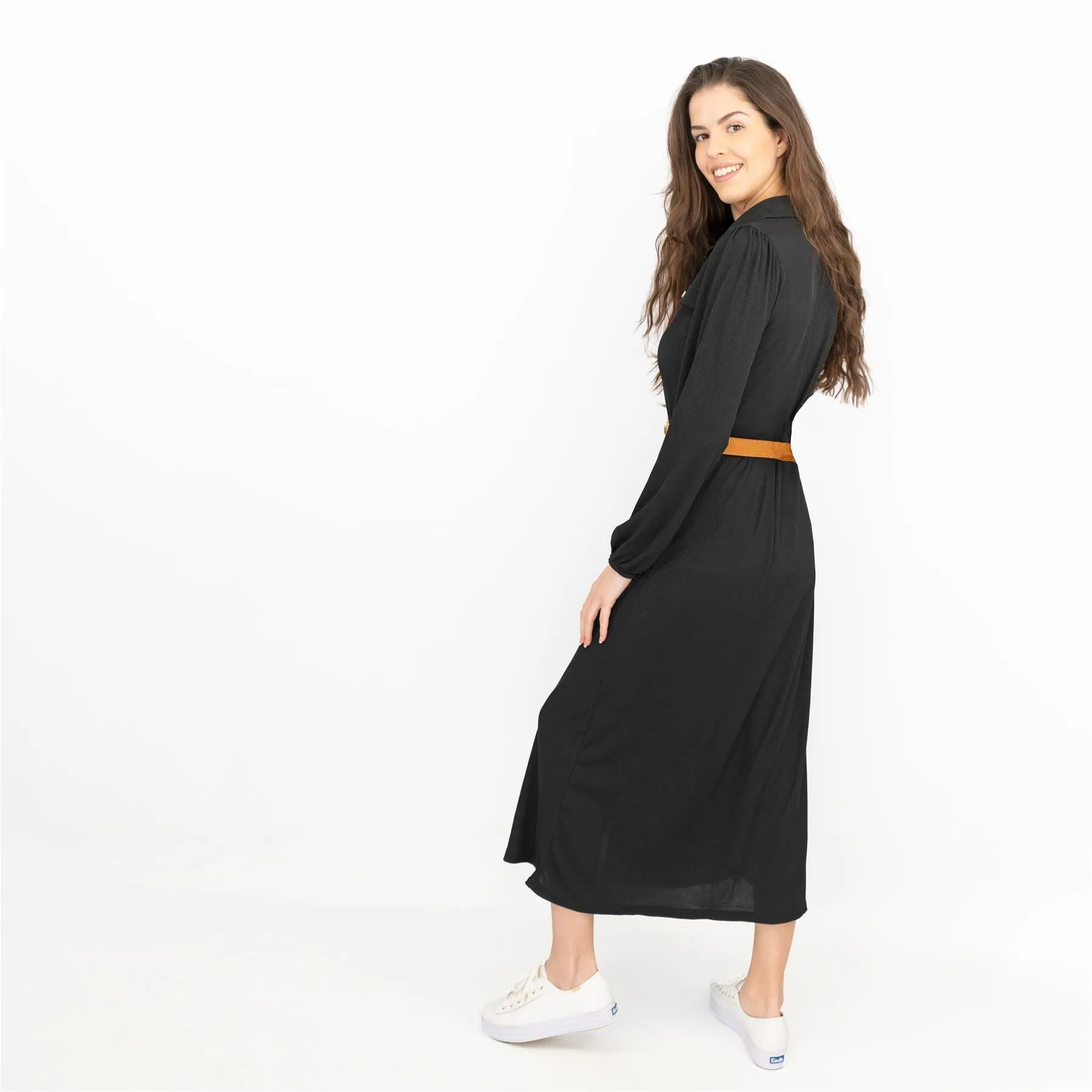 Oasis Ribbed Lightweight Long Sleeve Midi Length Black Shirt Dress