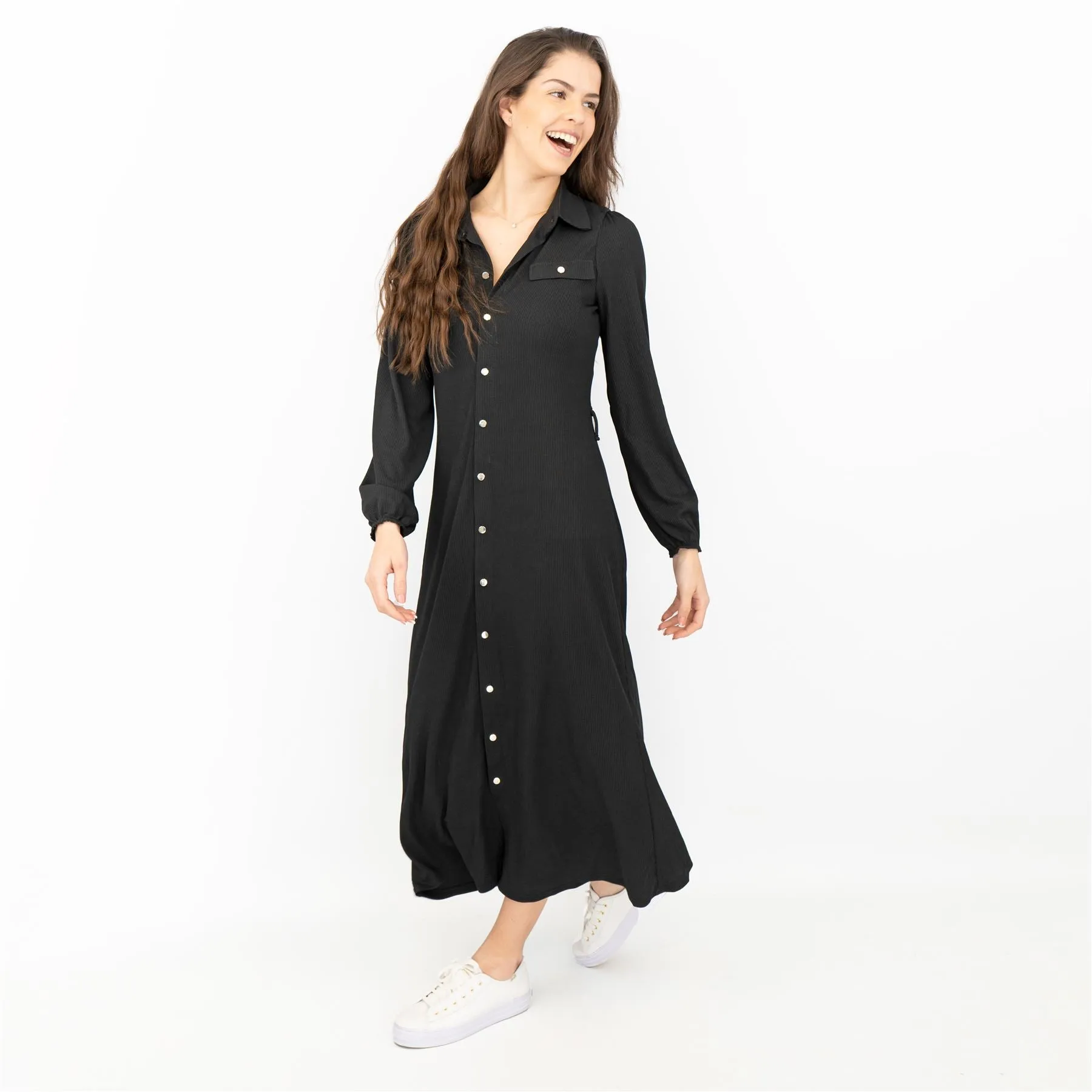 Oasis Ribbed Lightweight Long Sleeve Midi Length Black Shirt Dress