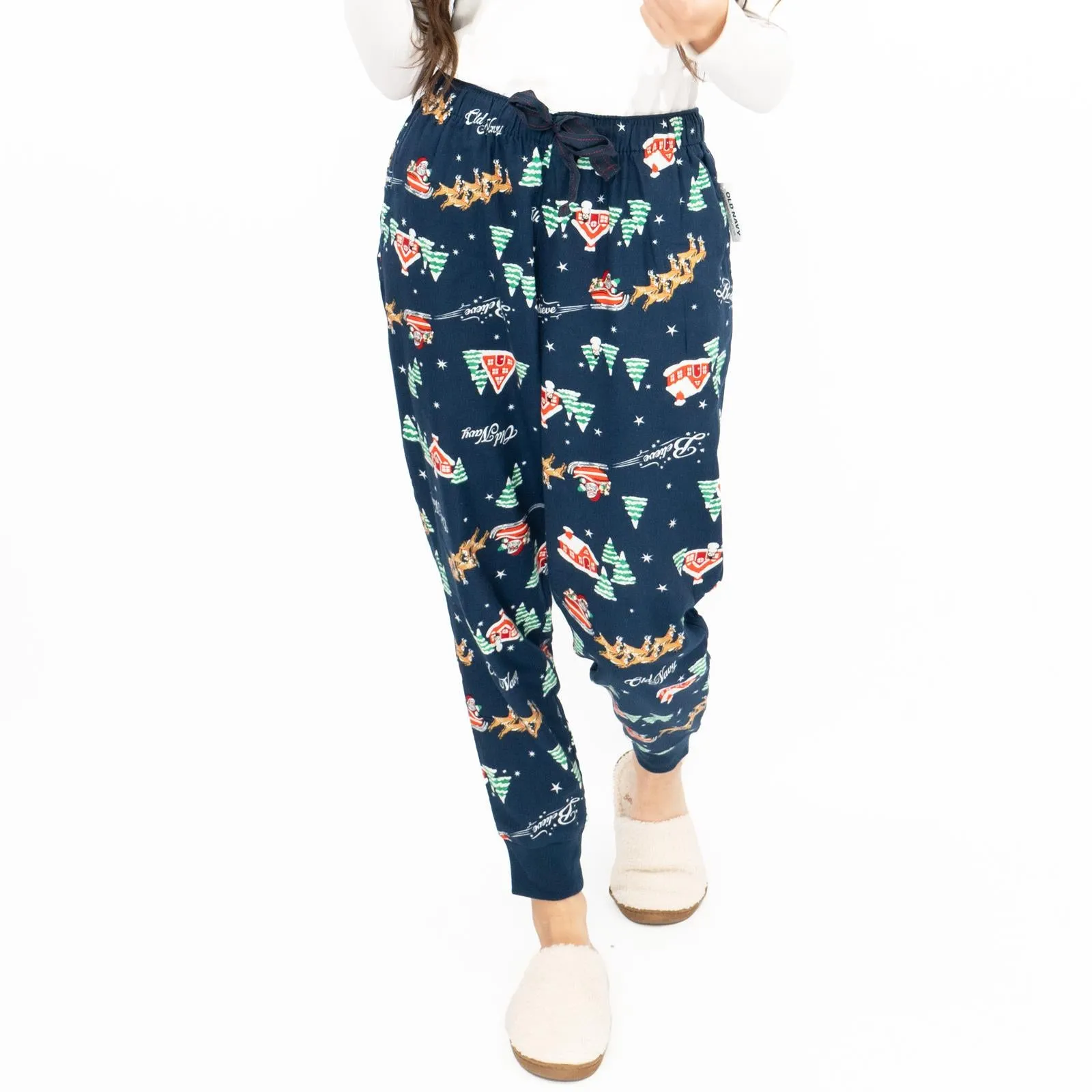 Old Navy Gap Womens Blue Santa Sleigh Christmas Jogger Style Pyjama Bottoms Elasticated Waist Trousers