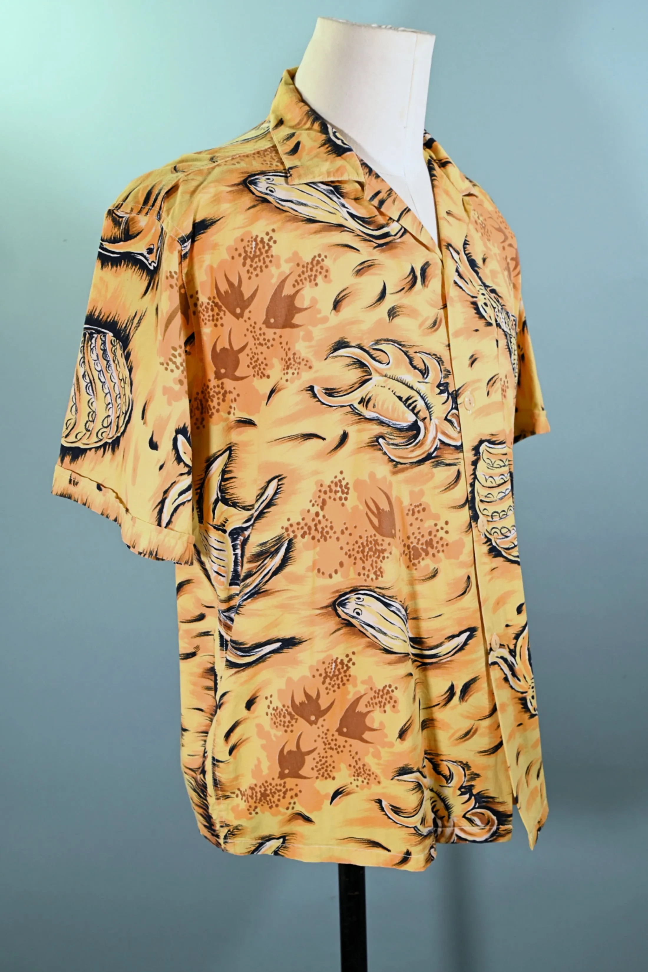 Paradise 50s Vintage Hawaiian Shirt, Fish Seashells Underwater Aloha Shirt, L