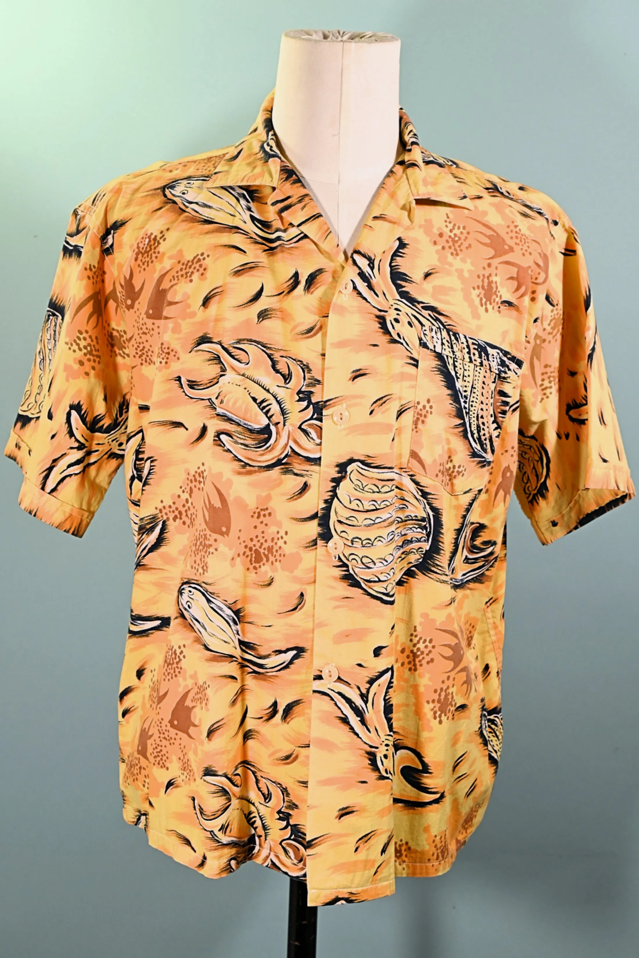 Paradise 50s Vintage Hawaiian Shirt, Fish Seashells Underwater Aloha Shirt, L