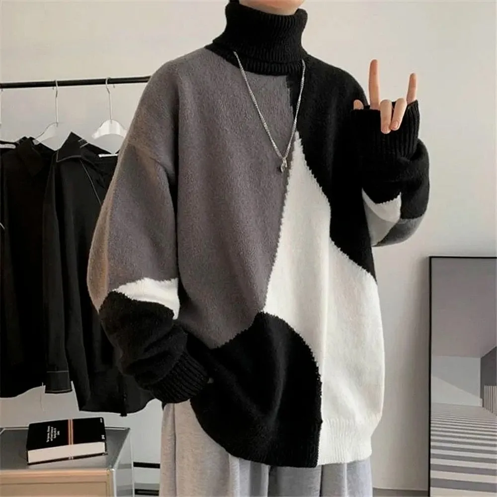 Patchwork Knitted Sweater Turtleneck Collar