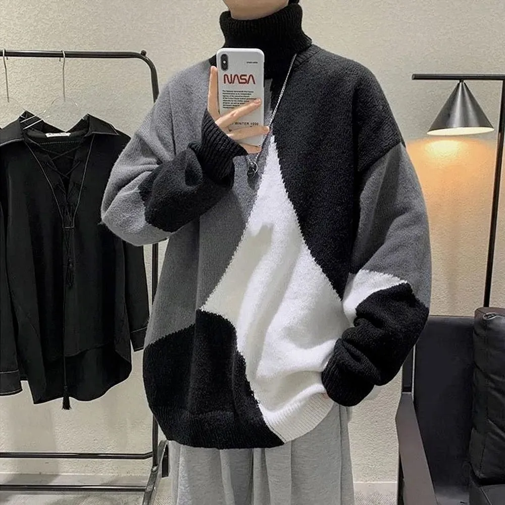 Patchwork Knitted Sweater Turtleneck Collar