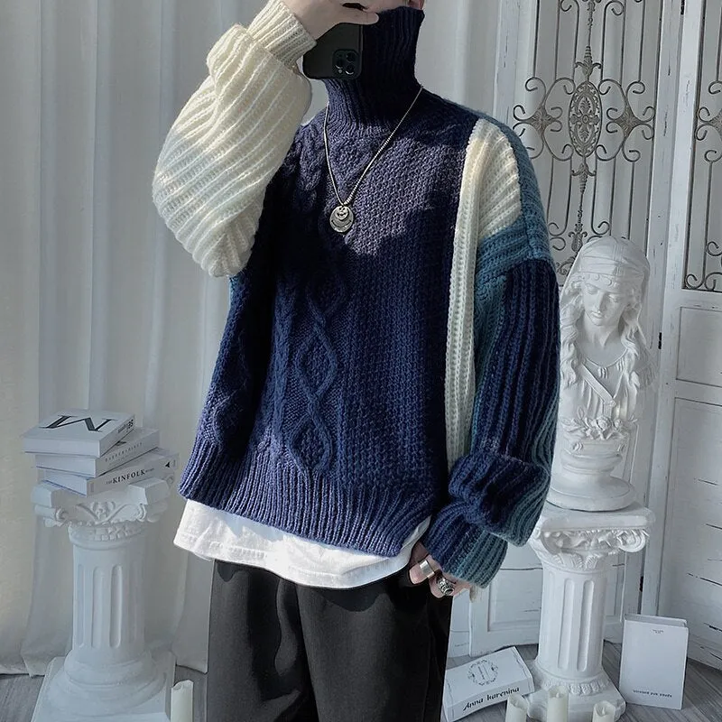 Patchwork Ruched Men's Knitted Sweater