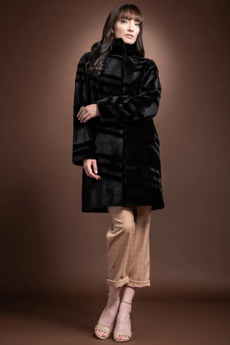 Reversible Sheared & Long Haired Mink Diagonal Mid-Length Fur Coat