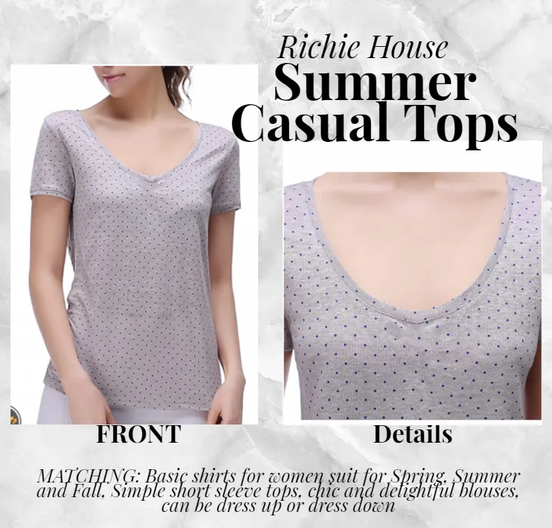 Richie House Women's Summer 100%Linen Polka Dot Print T-Shirt Short Sleeve Tee Tops RH2034