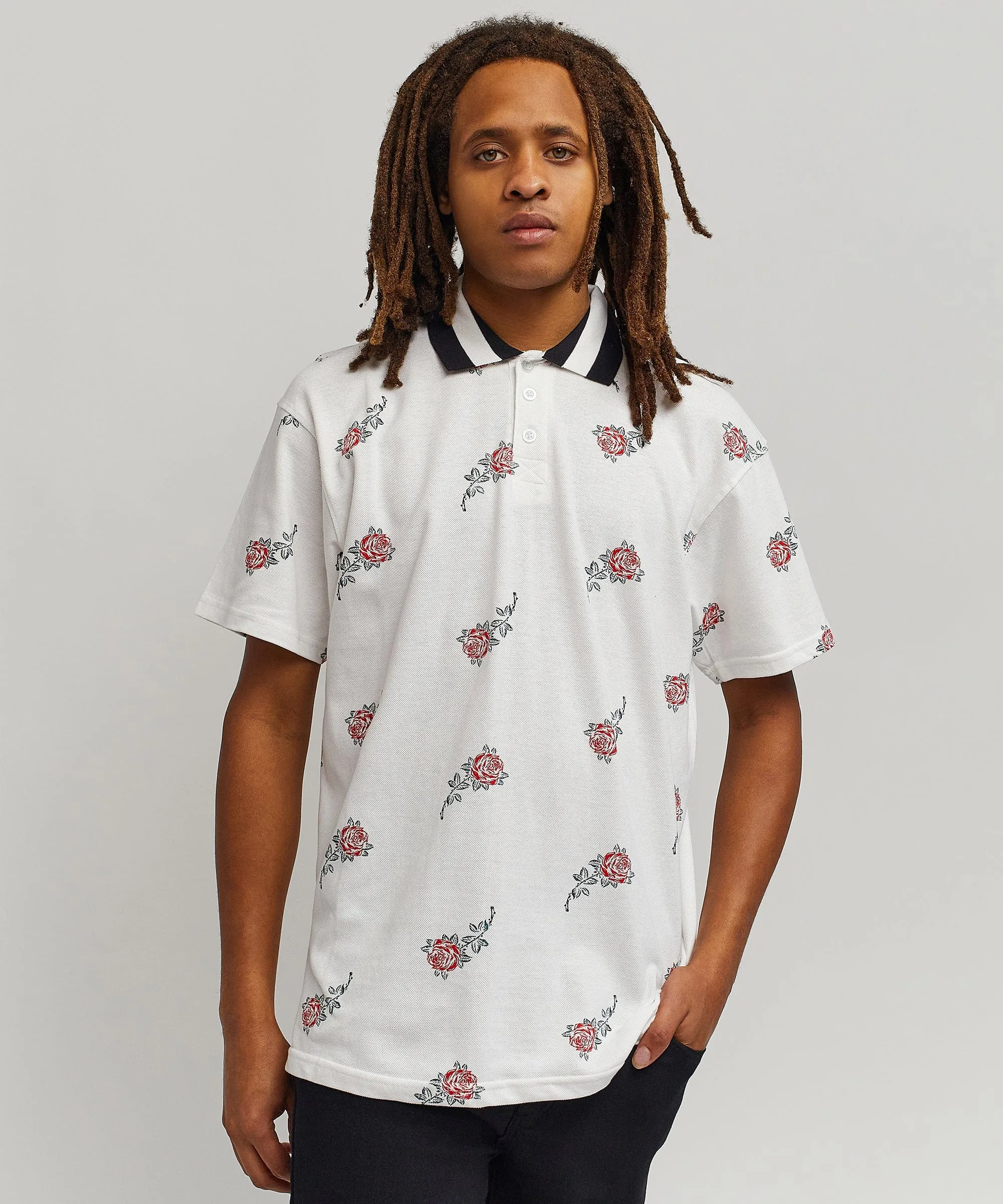 Rose Allover Print Polo - White