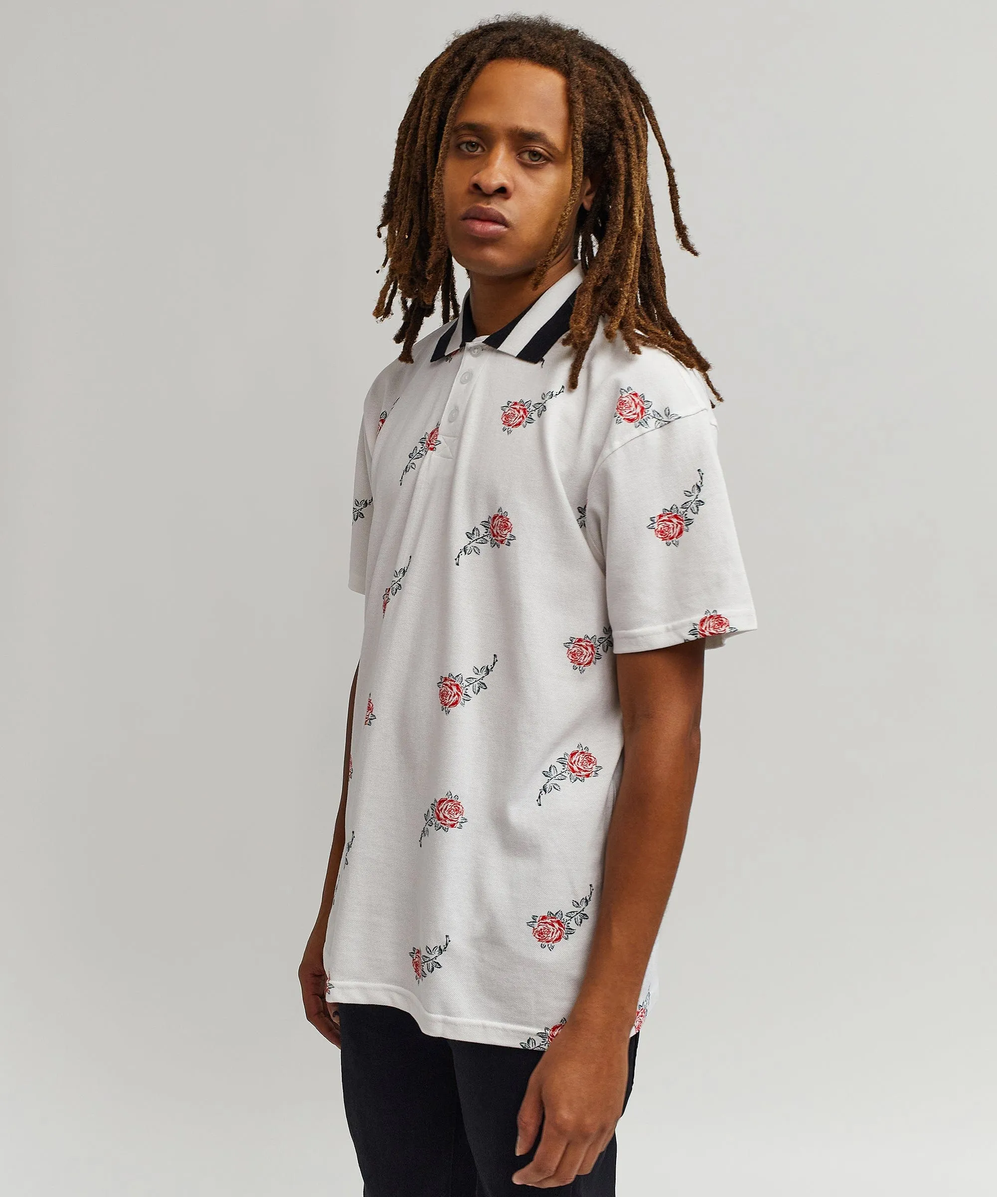 Rose Allover Print Polo - White