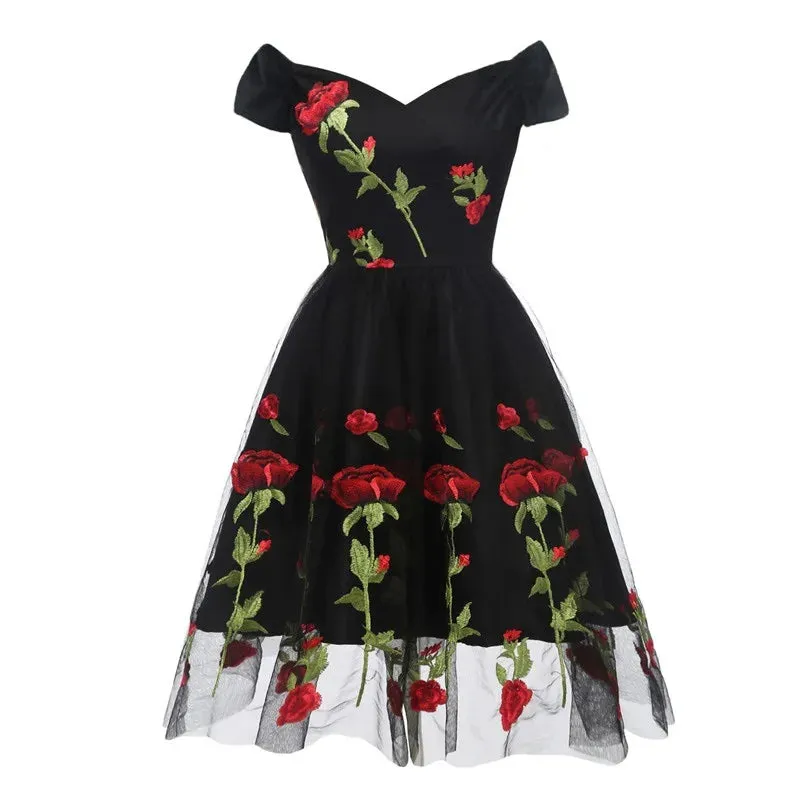 Rose Floral Embroidered V-Neck Party Dress, Pleated Mesh Overlay Short Sleeve Vintage Dress