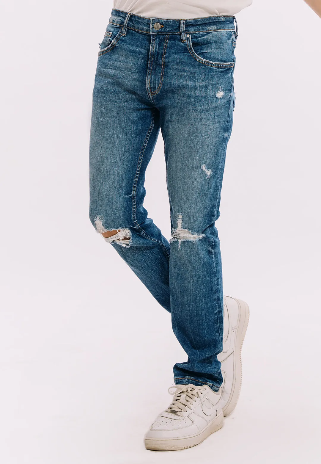 Skinny Fit Ripped Jeans - Mid Blue Wash