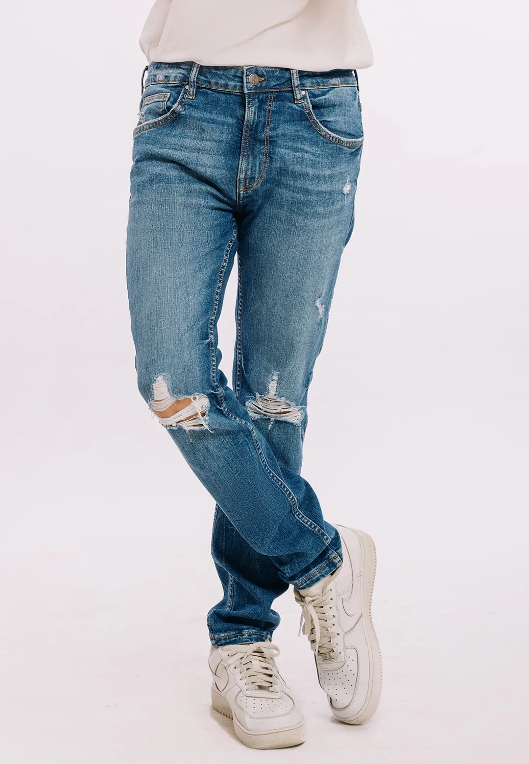 Skinny Fit Ripped Jeans - Mid Blue Wash