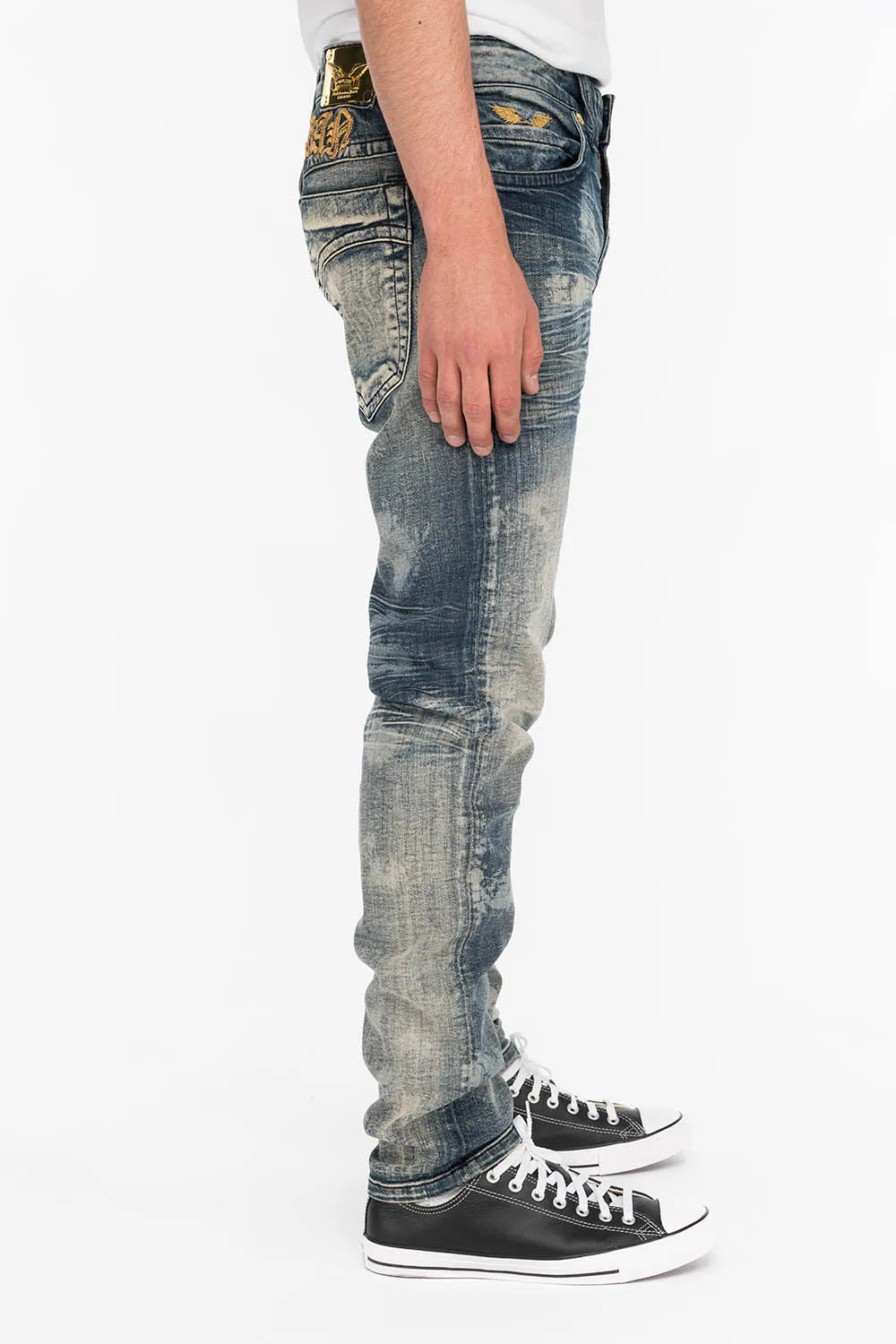 SKINNY MENS JEANS IN JAPAN MEDIUM BLUE WASH WITH GOLD O.E. SCRIPT