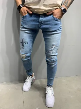 Sneakerjeans Blue Printed Ripped Skinny Jeans AY978