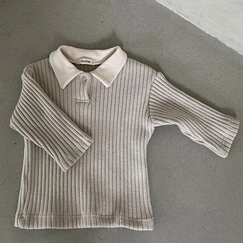 Soft Touch Beige & Grey Ribbed Polo Top