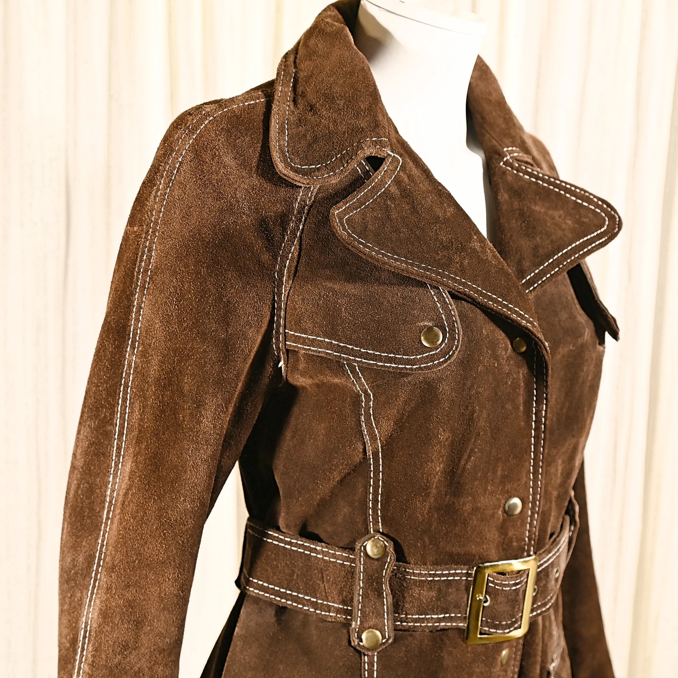 SOLD Vintage 70s Brown Suede Belted Jacket, Mod Mini Coat, The Tannery S/M