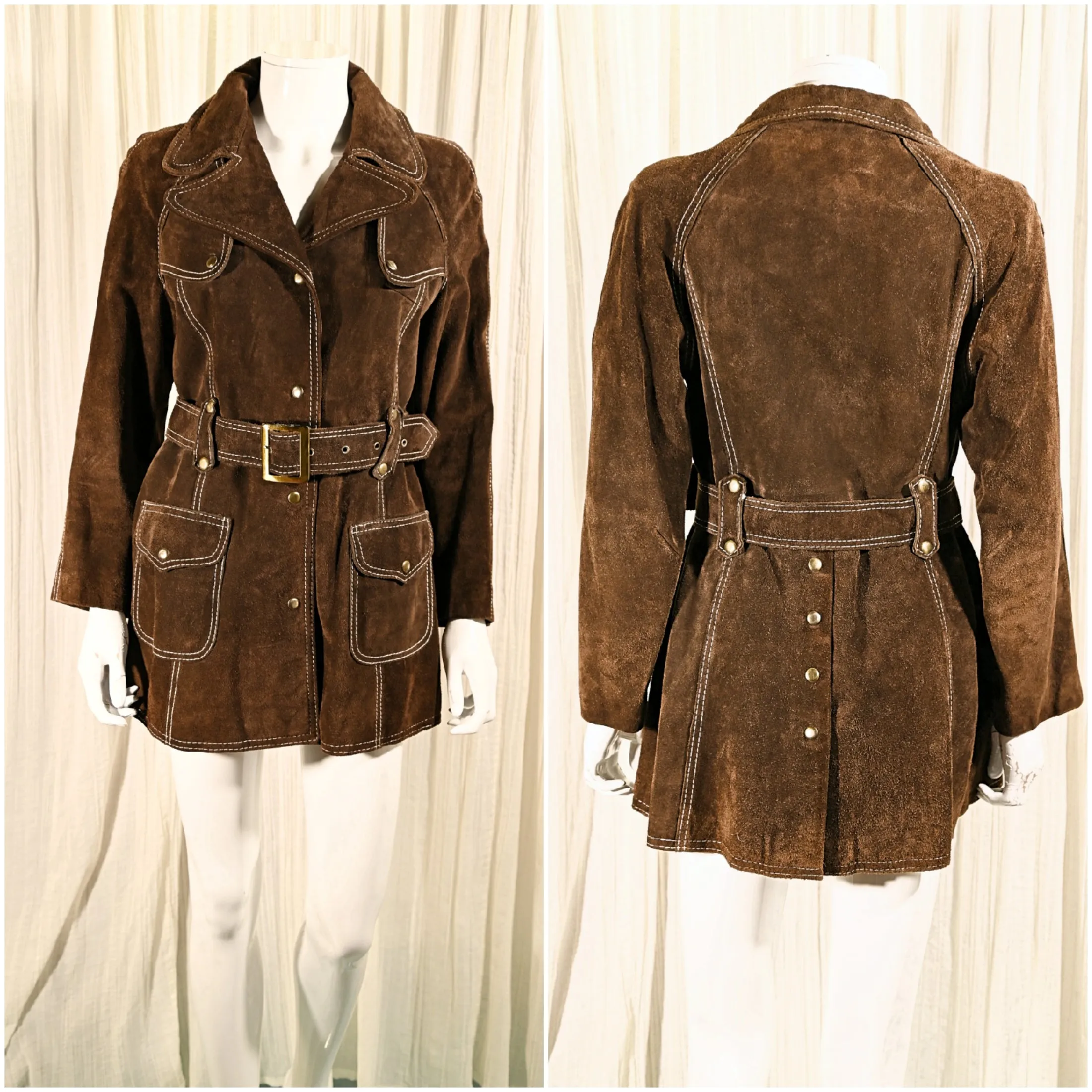 SOLD Vintage 70s Brown Suede Belted Jacket, Mod Mini Coat, The Tannery S/M