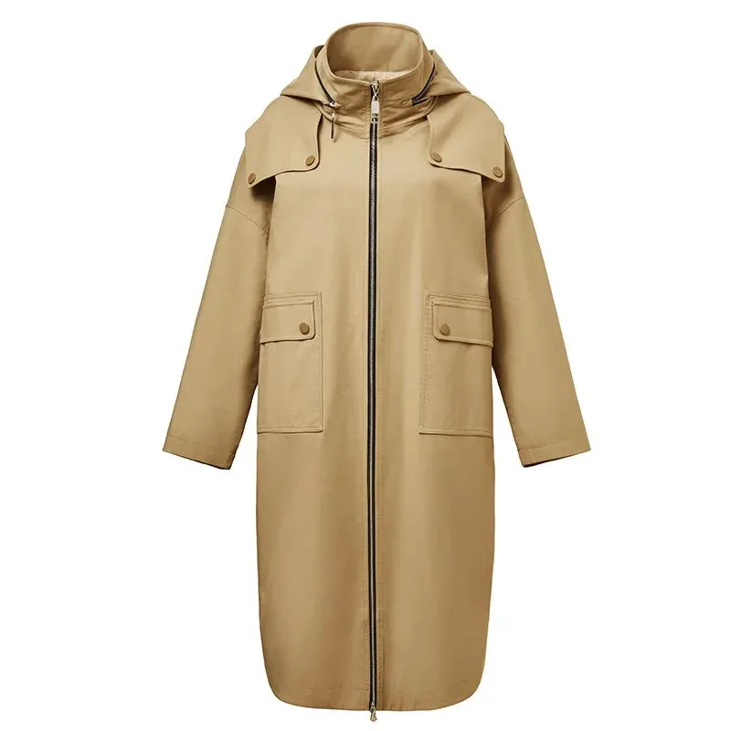 Straight Tube Silhouette Windbreaker Medium Long Hooded Trench Coat