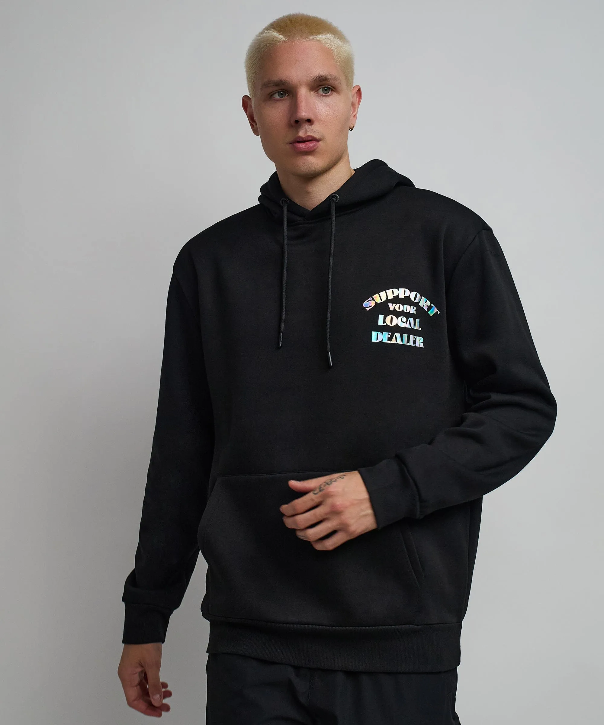 Support Local Iridescent Foil Print Hoodie - Black