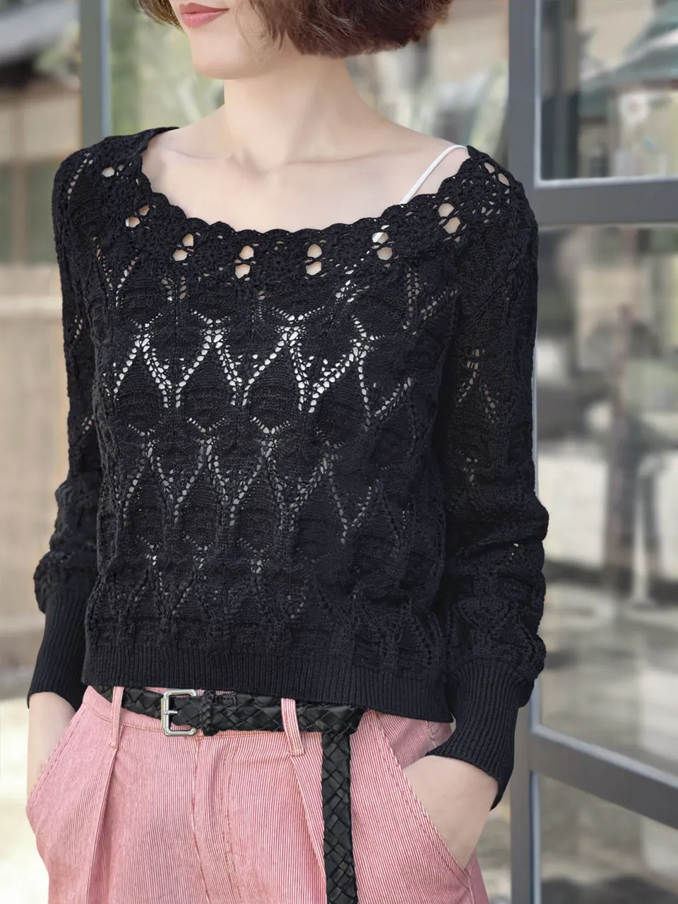 Surprise Sale! Black Scallop Trim 2-Way Crochet Cardigan Top