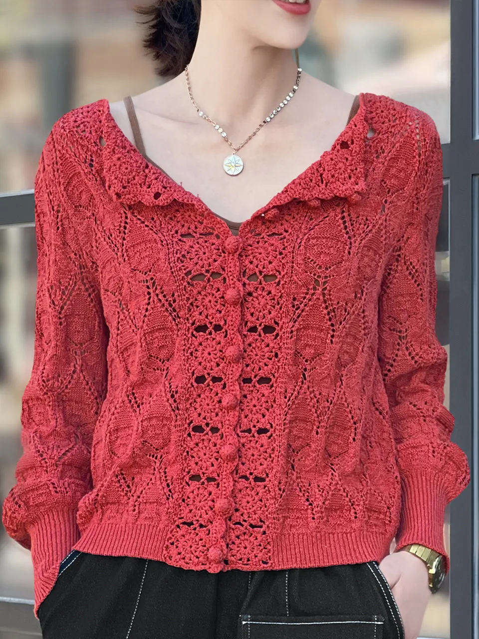 Surprise Sale! Red Scallop Trim 2-Way Crochet Cardigan Top