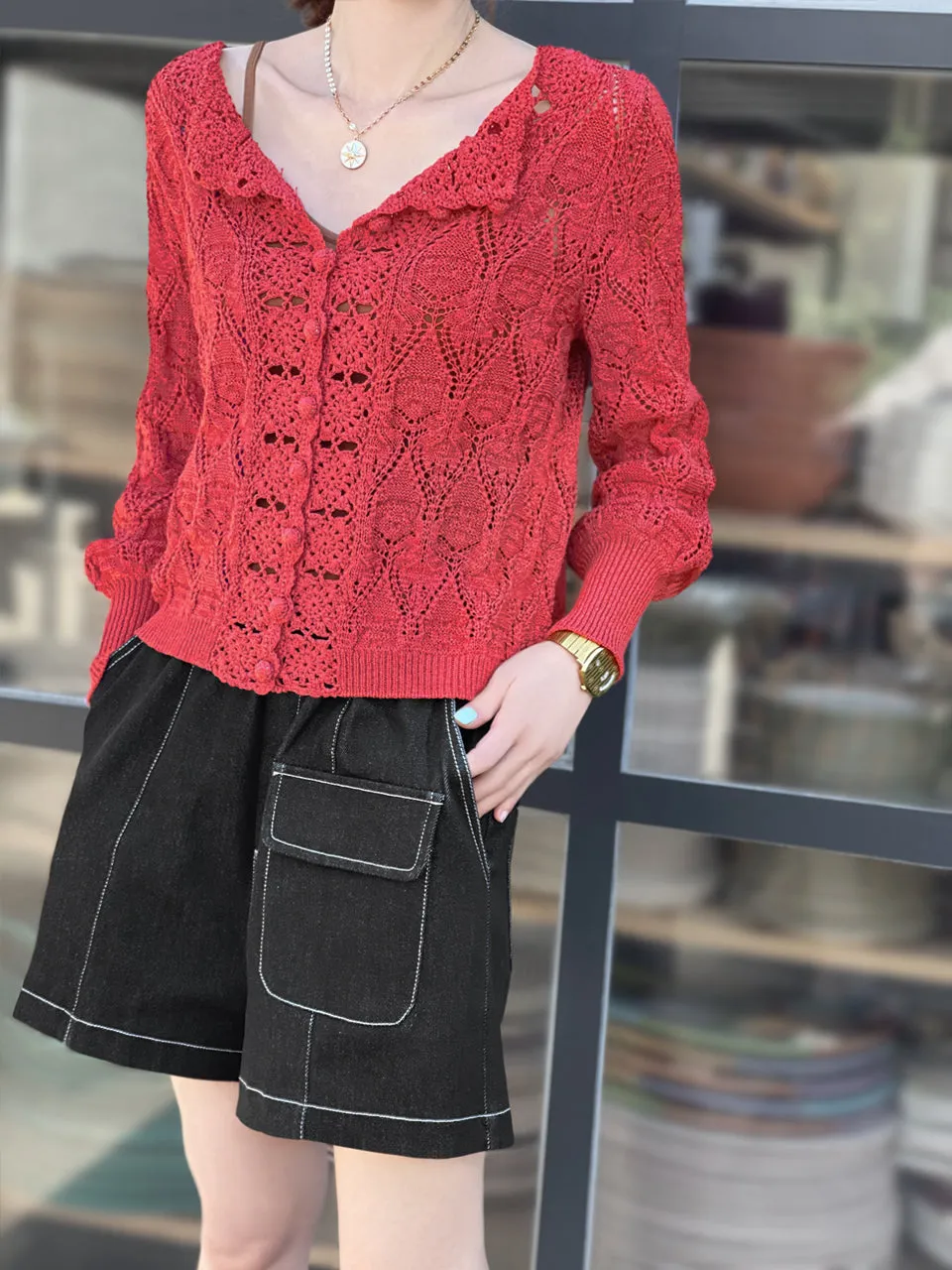 Surprise Sale! Red Scallop Trim 2-Way Crochet Cardigan Top