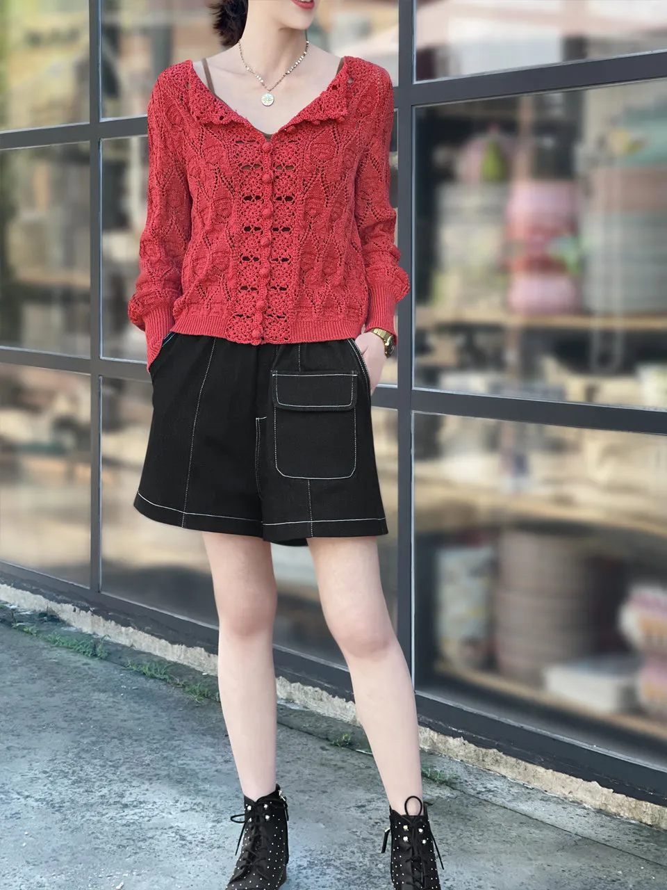 Surprise Sale! Red Scallop Trim 2-Way Crochet Cardigan Top